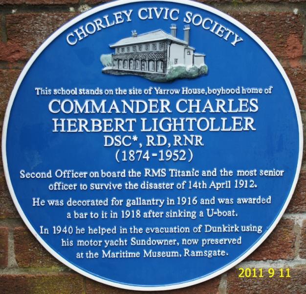 A blue plaque marking 2nd officer Lightoller's childhood home. One of many such memorials that exist for the Titanic crew.
