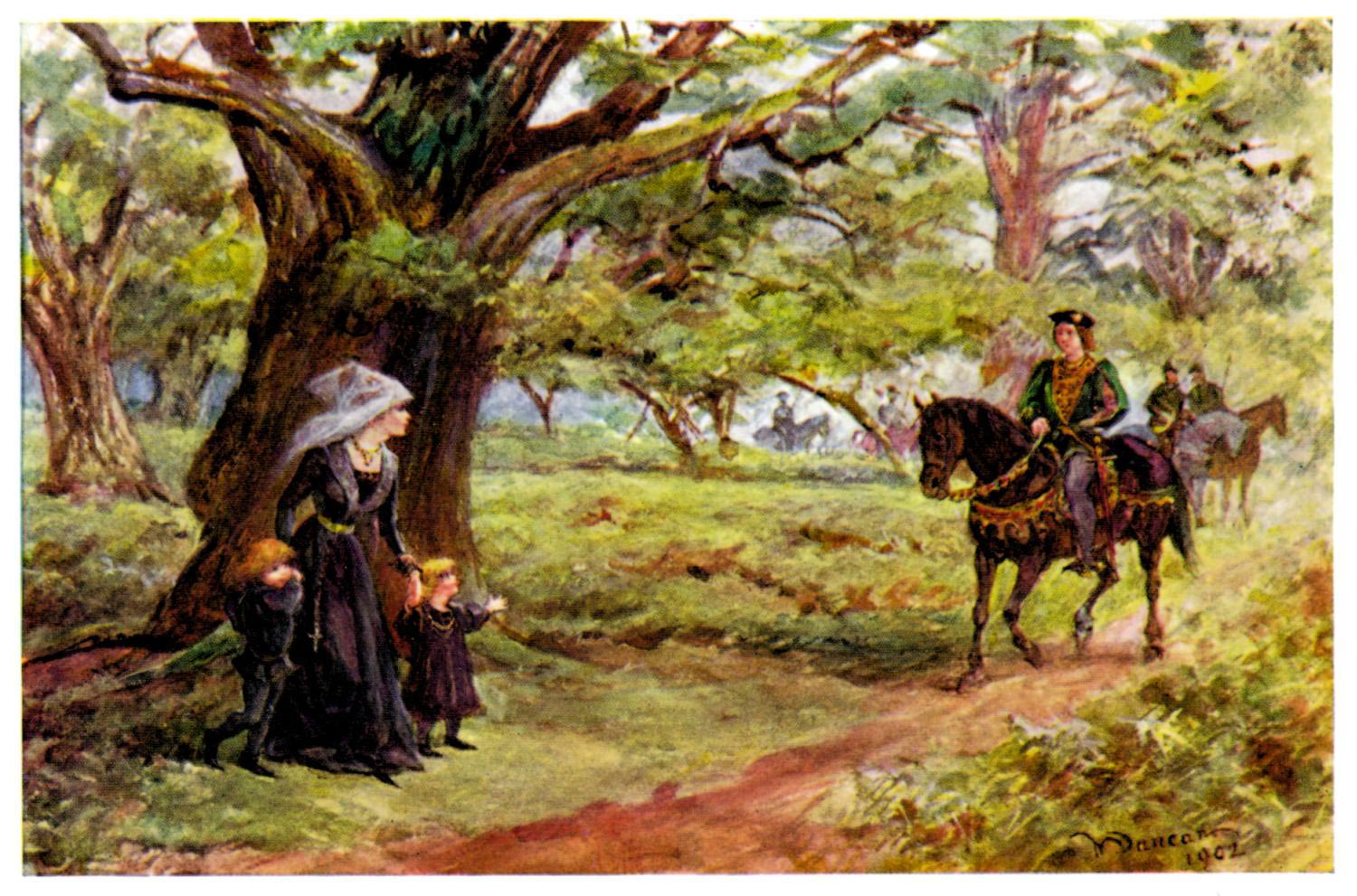 A non contemporary rendering of Elizabeth Woodville waiting for Edward under an oak tree. 