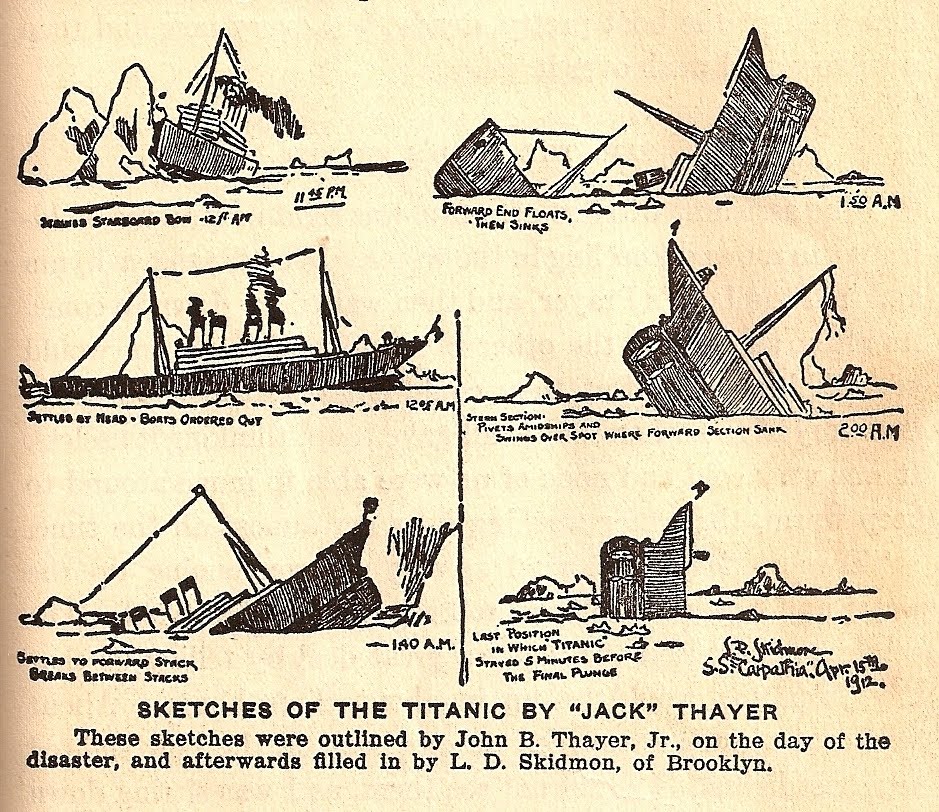 'Jack' Thayer was one of the last survivors to jump from the ship. He later described the ship's fate to an artist. His claims that the ship had split were widely disputed and unpopular. 