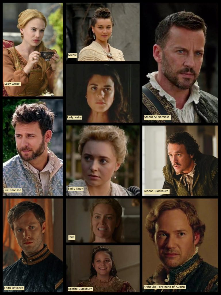 A selection of thumbnails showing several recurring characters in Reign.