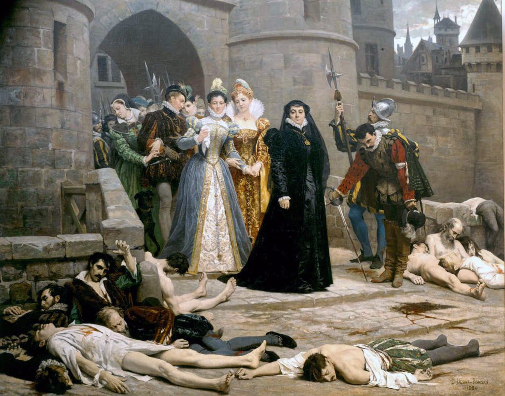 A woman in black surveys a street of dead bodies