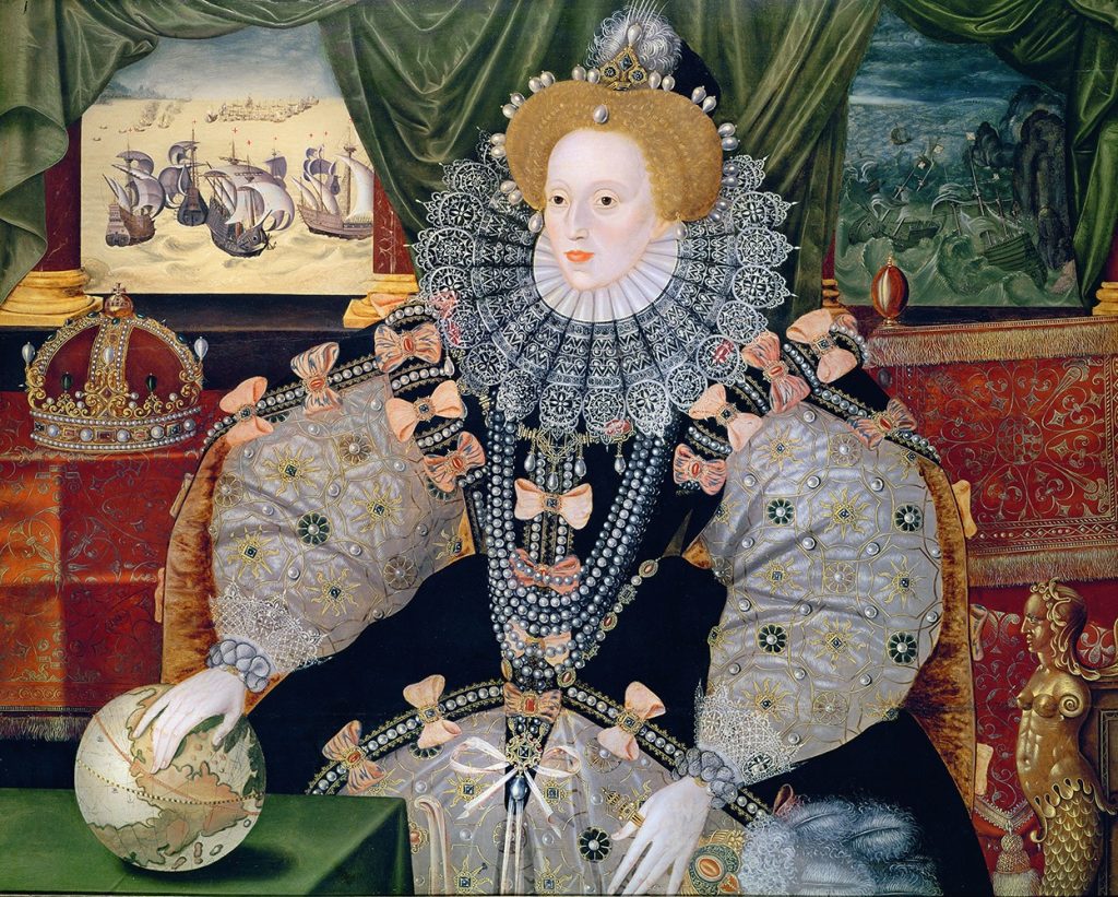 Queen Elizabeth dressed in an elaborate gown, her hand resting on a globe